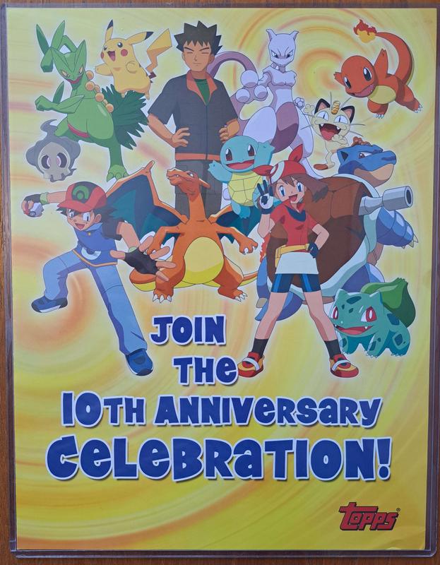 A poster that says “Join the 10th Anniversary Celebration” to promote an unreleased set of Topps Pokémon cards