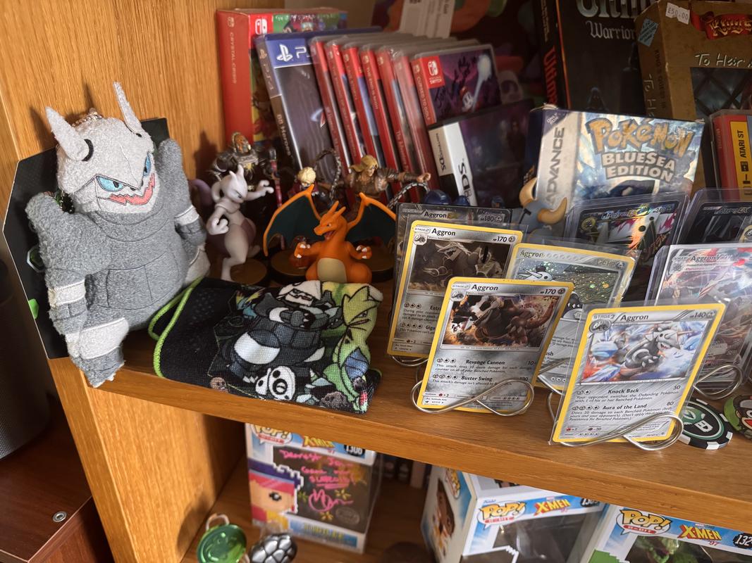 A photograph of Jon’s Aggron collection, which contains trading cards, figures, plushies, and more