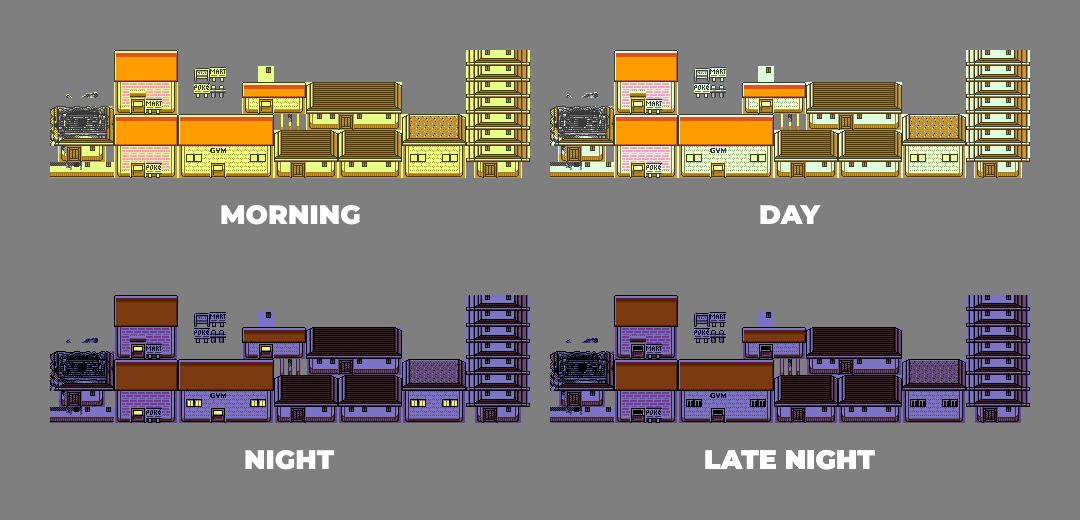 Ecruteak buildings from Pokémon Crystal, compiled together in a single image. There are four versions in total, being: Morning, Day, Night, Late Night