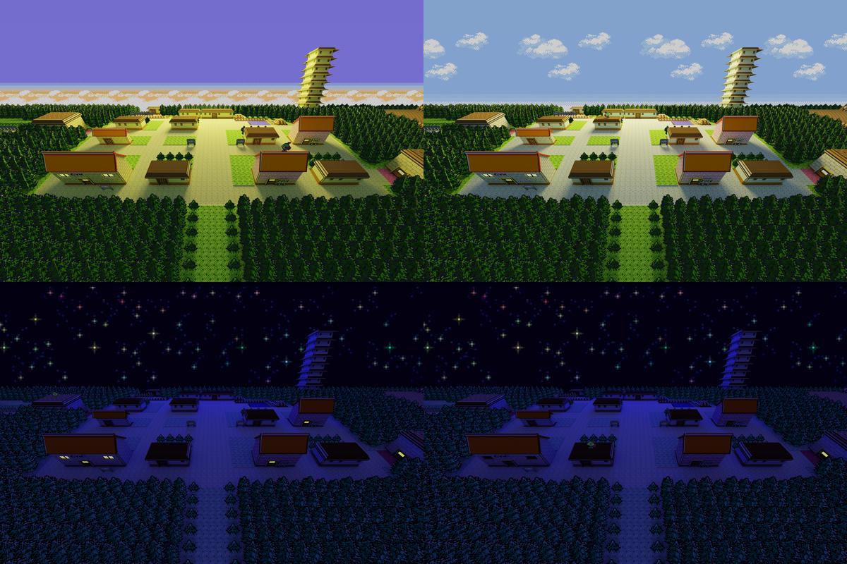 Each of the banners, displaying a different scene (Morning, Day, Night, Late Night) which display depending on the visitor’s local time. We used the same day and night cycle as Pokémon Crystal