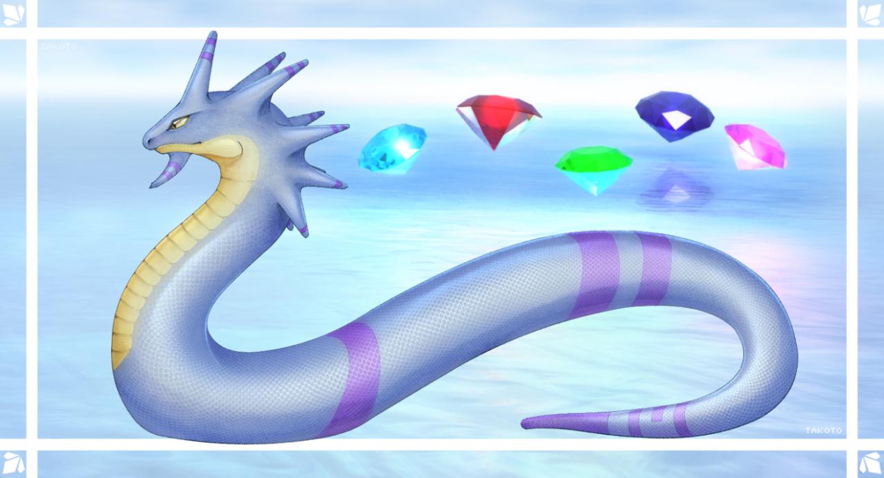 Character artwork of the blue snake-like creature featured on "Pokémon Diamond Version", a bootleg version of Keitai Denjuu Telefang 1, by Takoto
