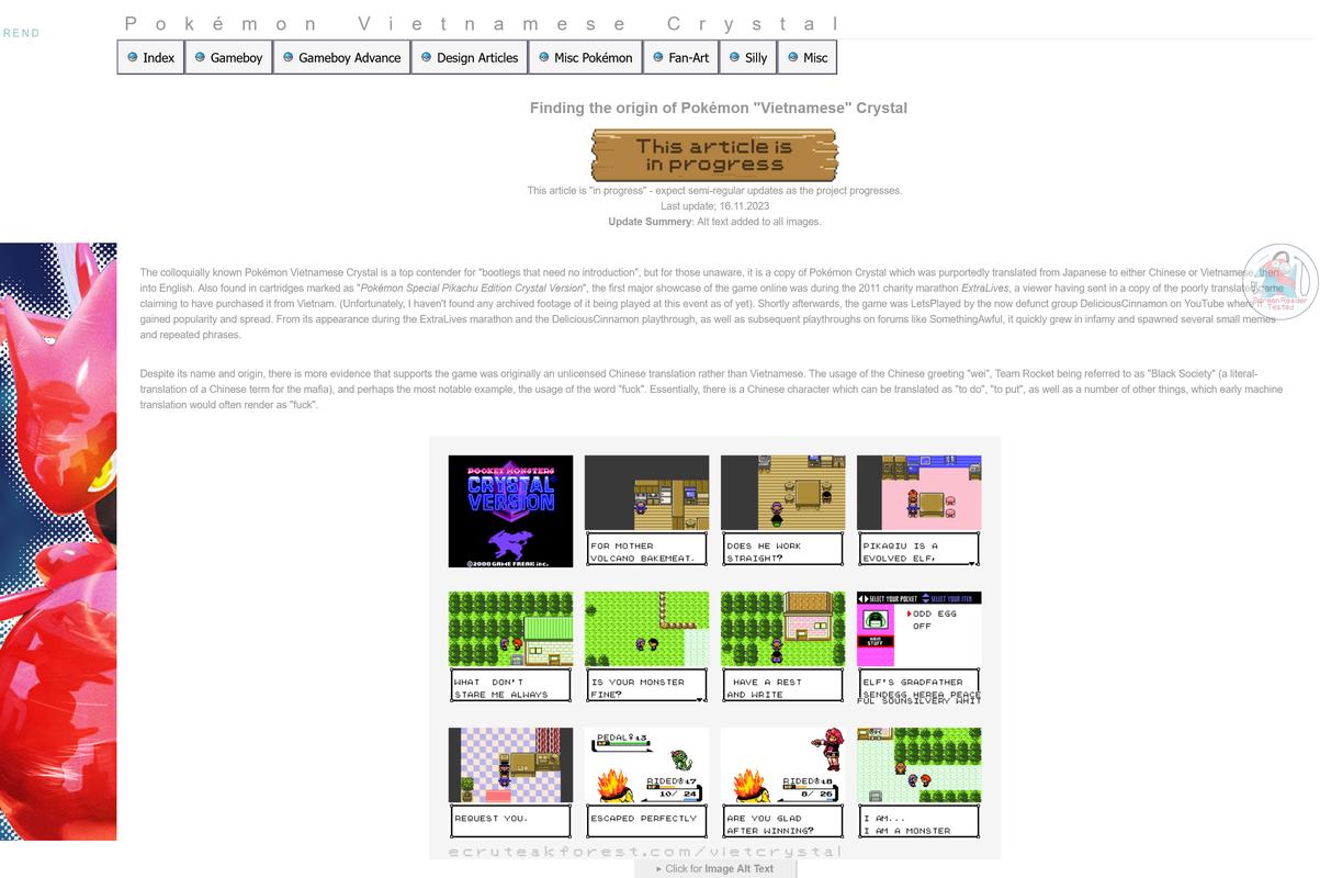 A page from Ecruteak Forest discussing Pokémon "Vietnamese" Crystal (April 2026)