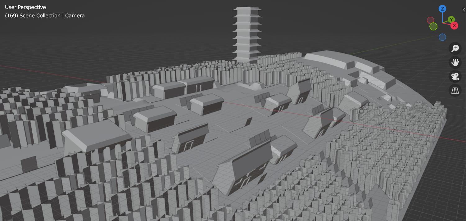 An untextured cylindrical model of Ecruteak City used for the banner