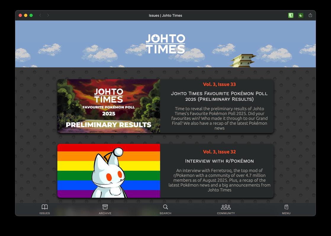 The front page of Johto Times, as of August 18th, 2025