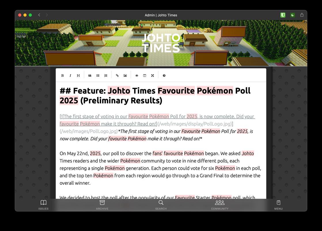 Johto Times Markdown editor in action