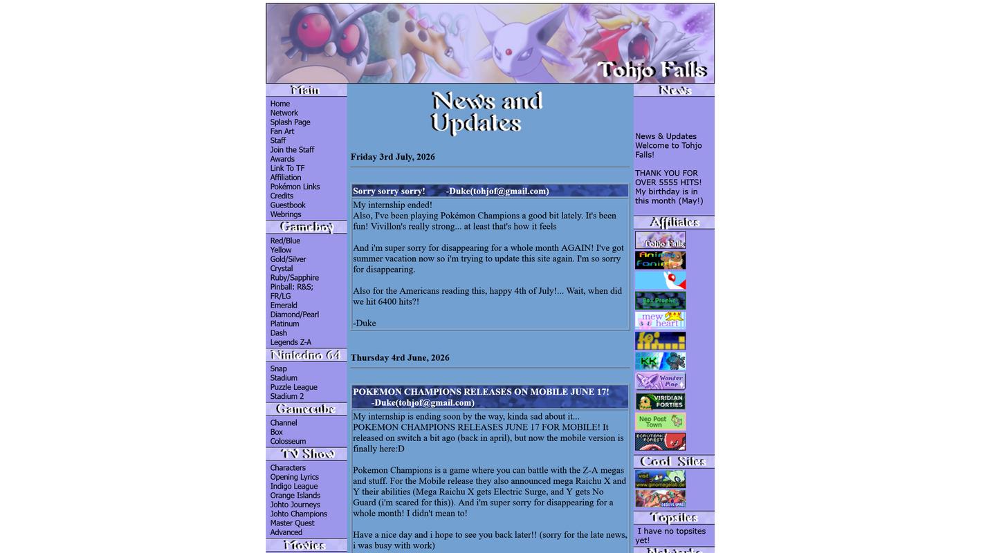 The Tohjo Falls was revived in 2025 by a user called Duke, with the blessing of the original team, retaining the original look and feel of the original website. This screenshot shows the website as of July 2026
