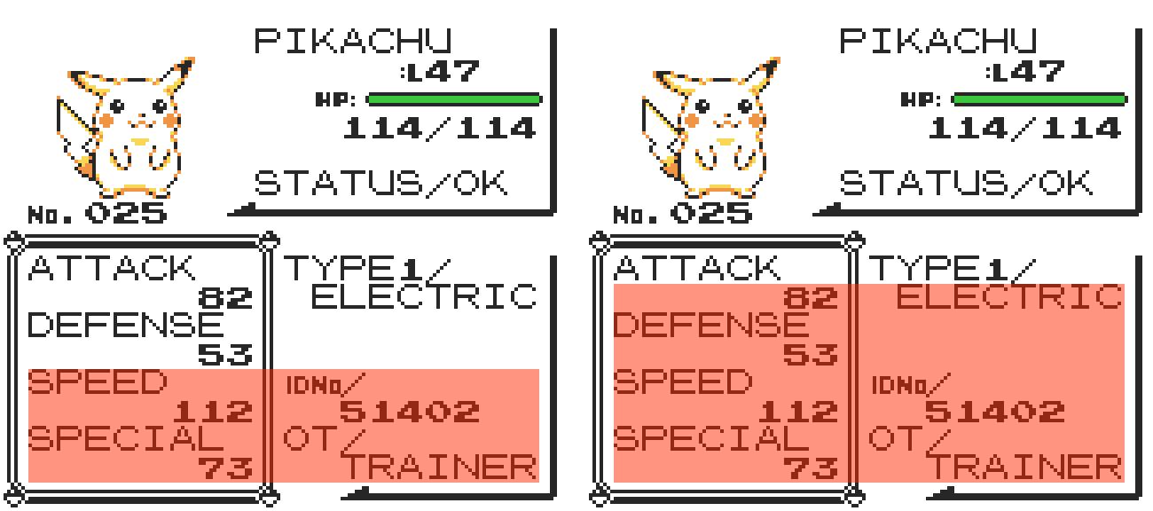 Two screenshots showing how the cleared-out areas for the 'paragraph' (left) and 'page' (right) characters line up on a Pikachu's status screen