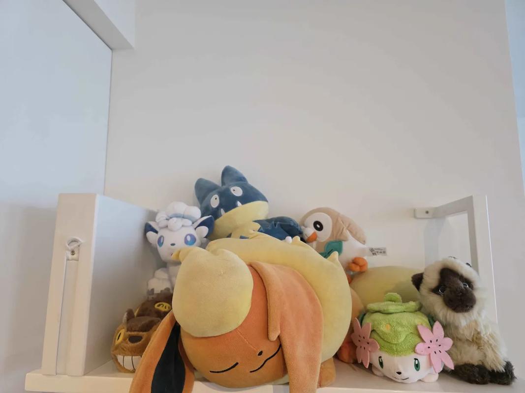 A photograph of just some of Tiff’s large collection of Pokémon plush toys, which includes a giant Flareon!