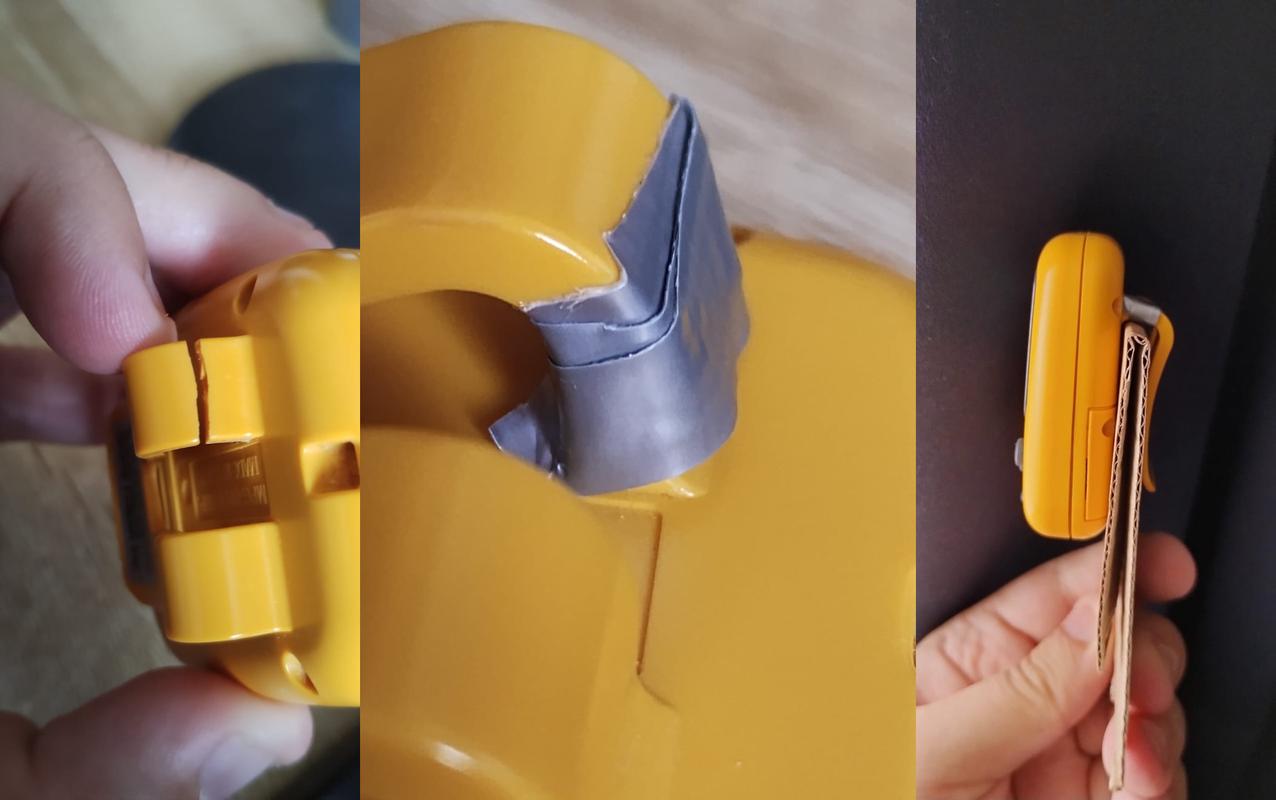 The hinge of the Pocket Pikachu, cracked and repaired with tape, and attached to some card to place inside my pocket, which worked surprisingly well
