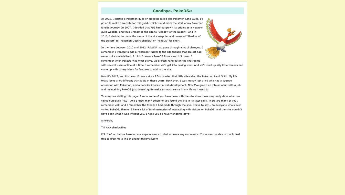 A final farewell message from Tiff on PokéDS, as of July 2017