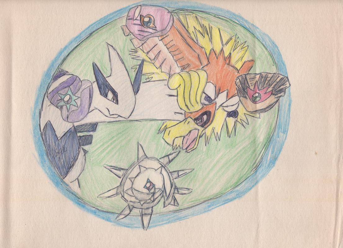 Steph’s drawing of Lugia & Ho-oh surrounded by Orange Island badges, drawn between 1998 and 2001