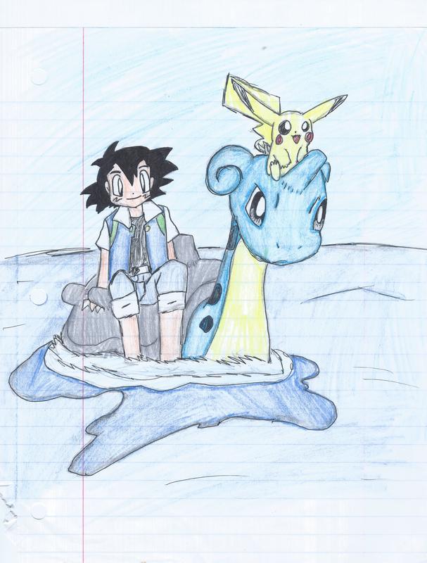 A drawing of Ash and Pikachu riding on Lapras by Steph, drawn between 1998 and 2001