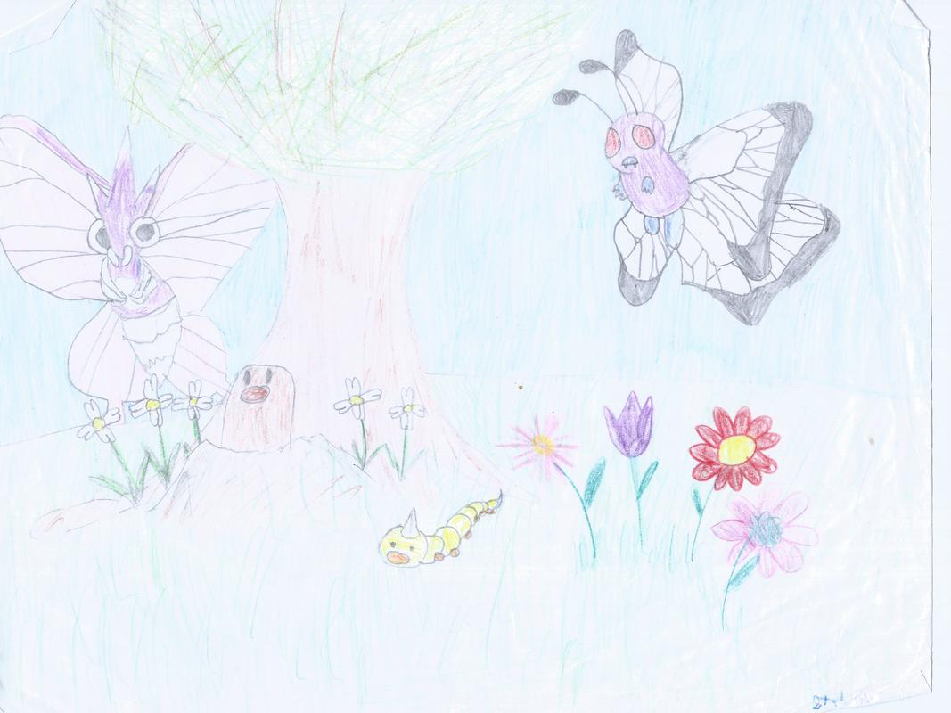 Steph’s drawing of Diglett and various bug-type Pokémon, drawn between 1998 and 2001