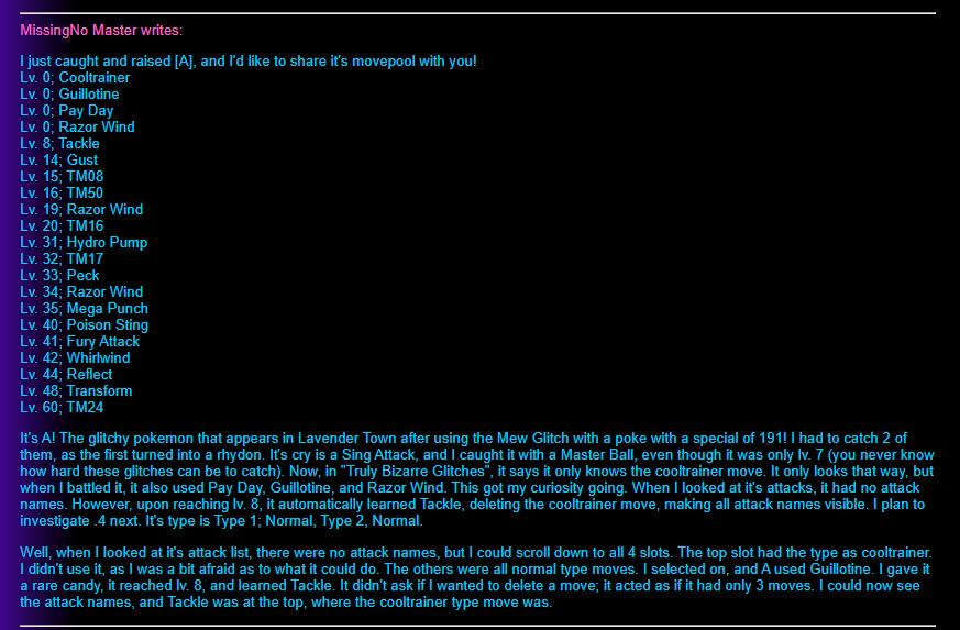 An archived page from TRsRockin, where Missingno. Master shared his original findings for Missingno