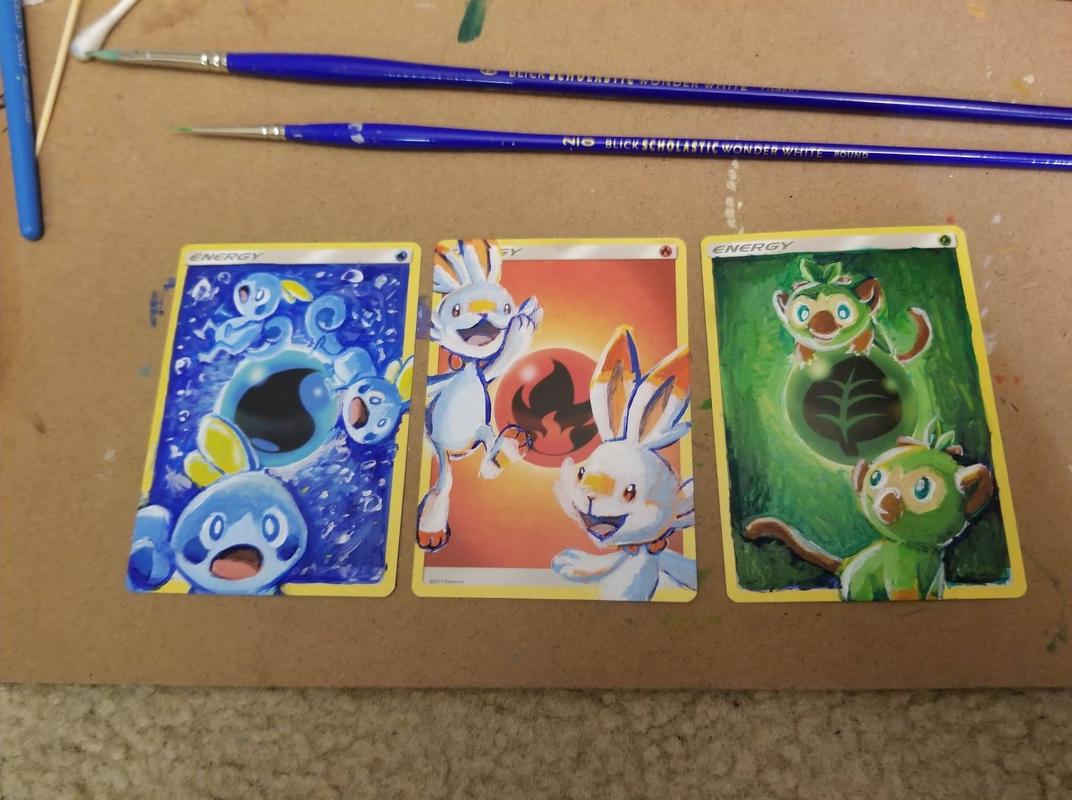 Three custom full art cards featuring Sobble, Scorbunny and Grookey