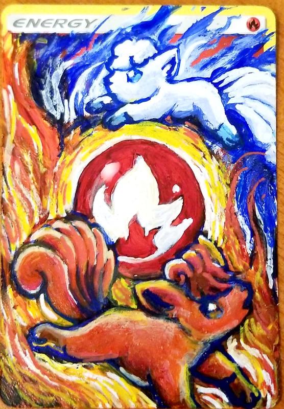 A custom full art Fire Energy card featuring Vulpix and Alolan Vulpix