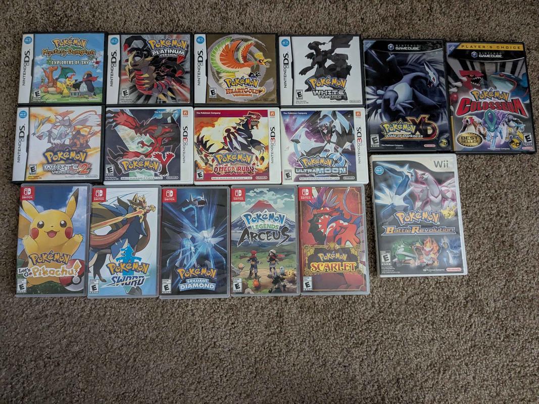 A photograph of Wizard’s vast Pokémon video game collection, featuring many cool titles