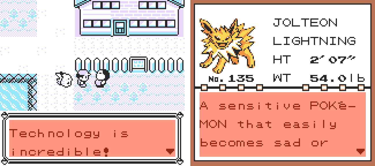 Two screenshots showing an NPC in Pallet Town, and a Pokédex entry of Dragonfree's Jolteon