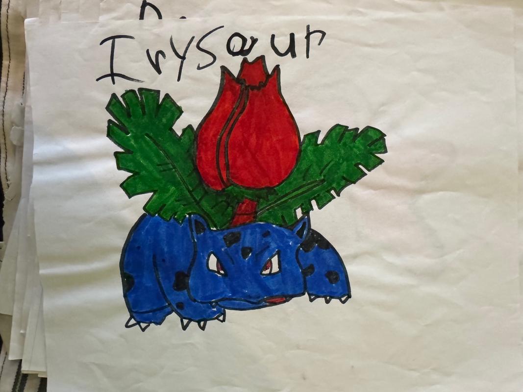 A photograph of Jed’s Ivysaur drawing